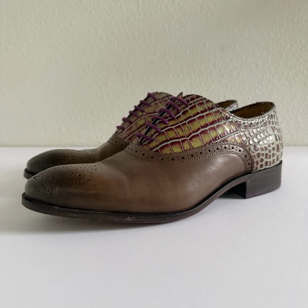 John Fluevog City Angels Damascus Classic Brogued Oxfords Grey Croc Womens US 10